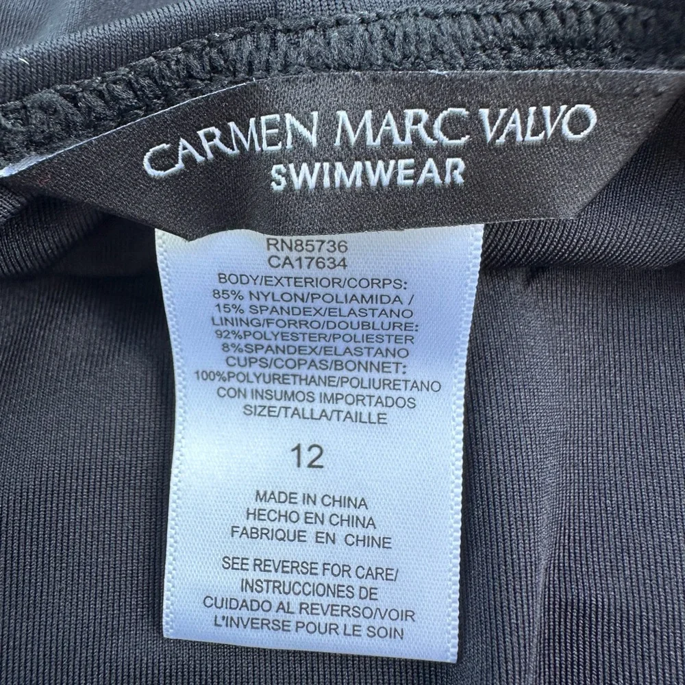 Carmen Marc Valvo Black Ruched One Piece Swimsuit Size 12 NWT Gold Button Detail - Picture 4 of 7